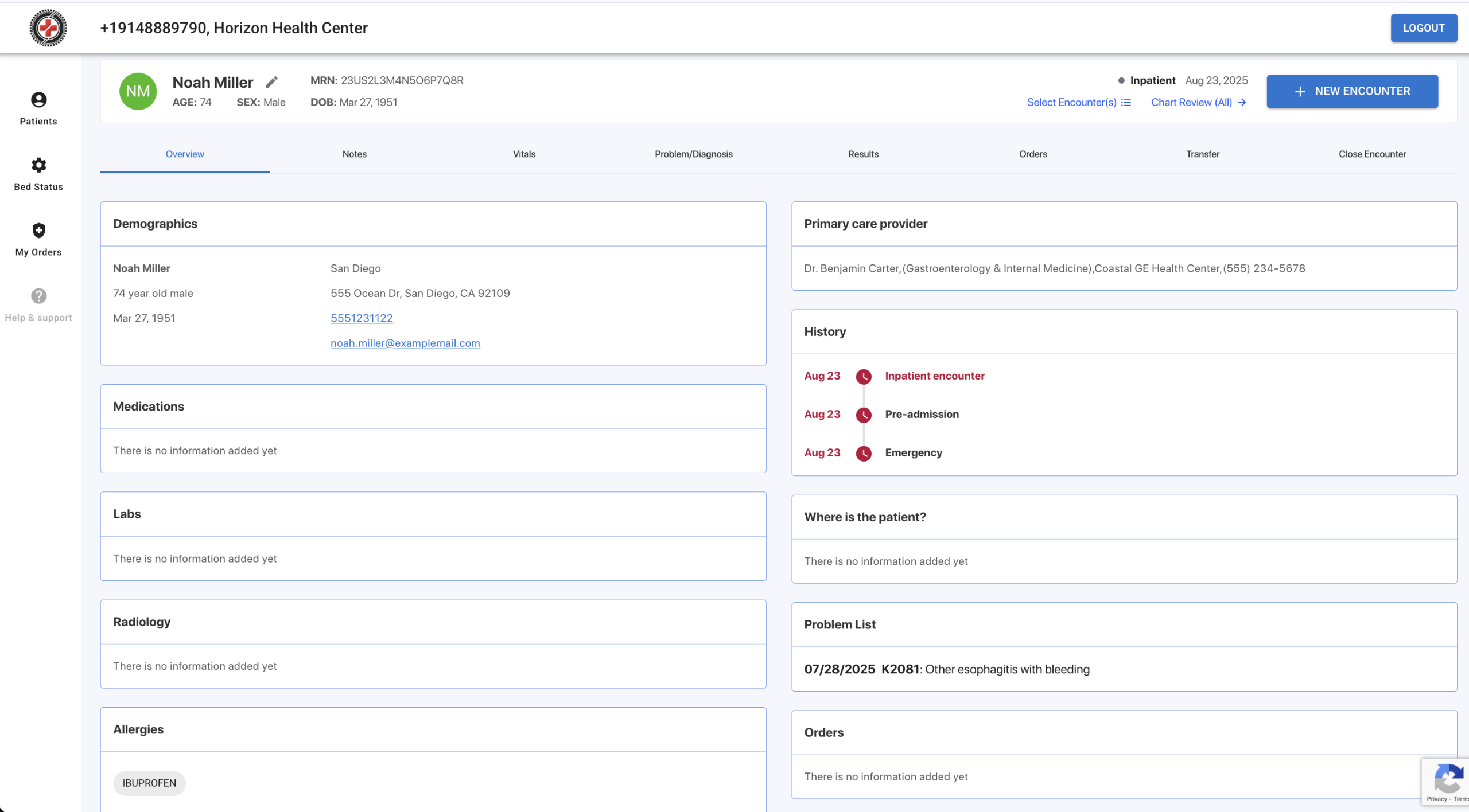 Sparetire homepage info, with patient name and patient info